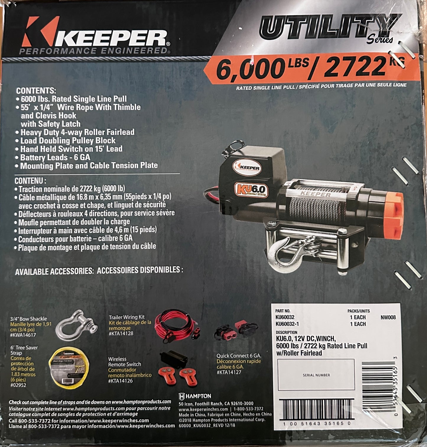 Keeper DC Powered Winch, Remote, 6000lb. Capacity, Volts 12