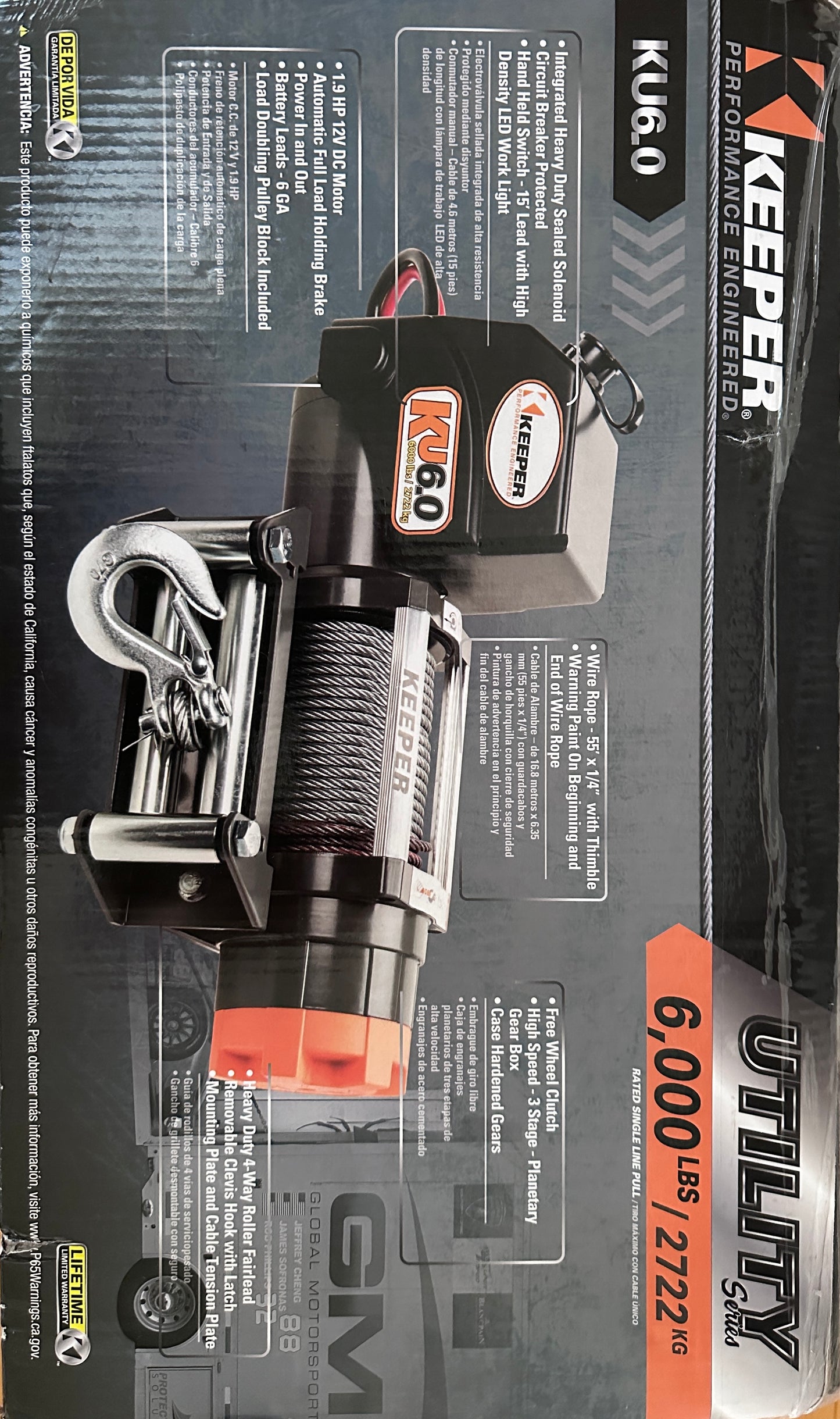 Keeper DC Powered Winch, Remote, 6000lb. Capacity, Volts 12