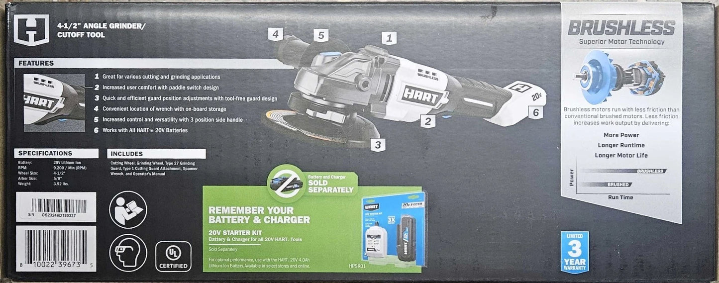 HART 20V Brushless 4-1/2” Cordless Angle Grinder /Cutoff Tool (HPAG25) TOOL ONLY